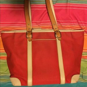 Red coach bag tan leather straps